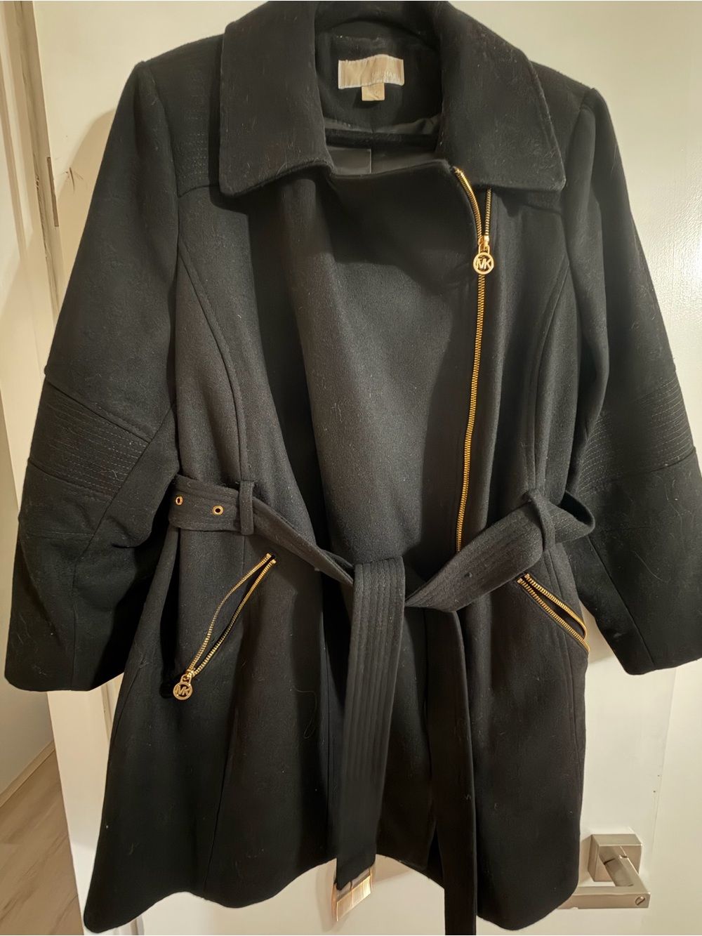 Michael Kors Black Belted Coat with Gold Hardware